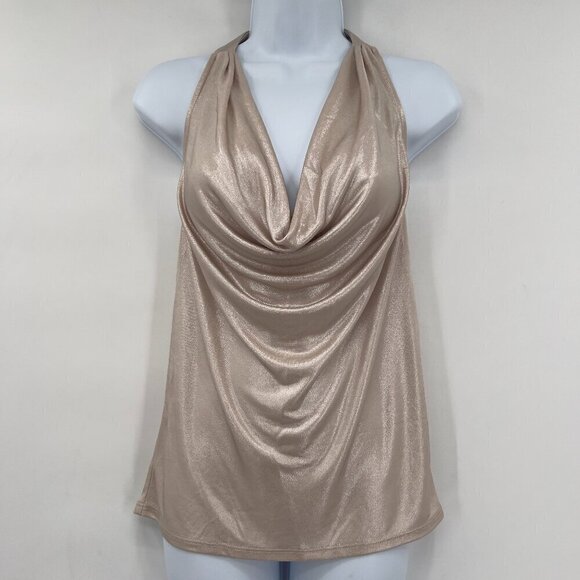 Express Women's Cowl Neck Champagne Metallic Halter Top Size XS - Picture 1 of 7